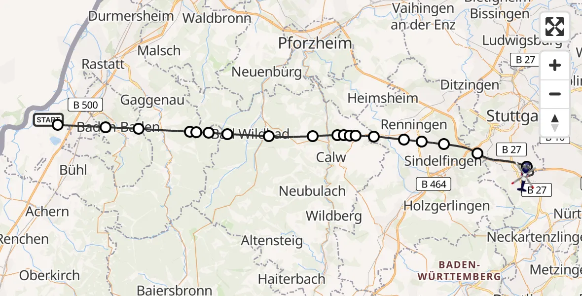 Flugroute Polizeihubschrauber Karlsruhe Baden-Baden Flughafen - Flughafen Stuttgart, 09 Juni 2026, 12:40