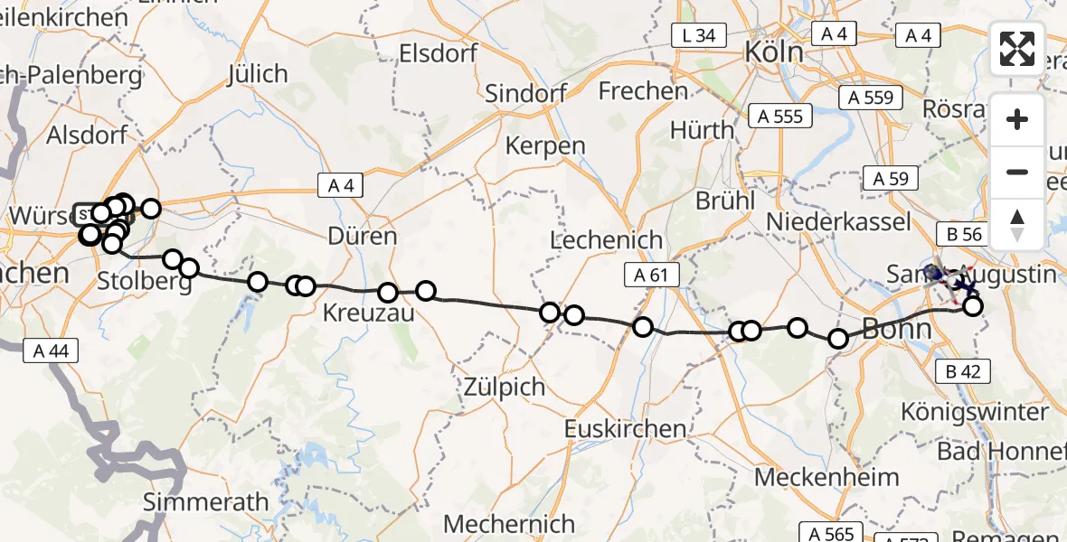 Flugroute Polizeihubschrauber Würselen - Bonn-Hangelar Flugplatz, 09 Juni 2026, 12:40