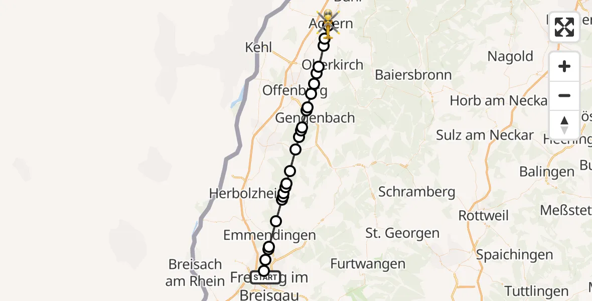 Flugroute Rettungshubschrauber Freiburg im Breisgau Flugplatz - Ortenau Hospital Achern, 09 Juni 2026, 12:44