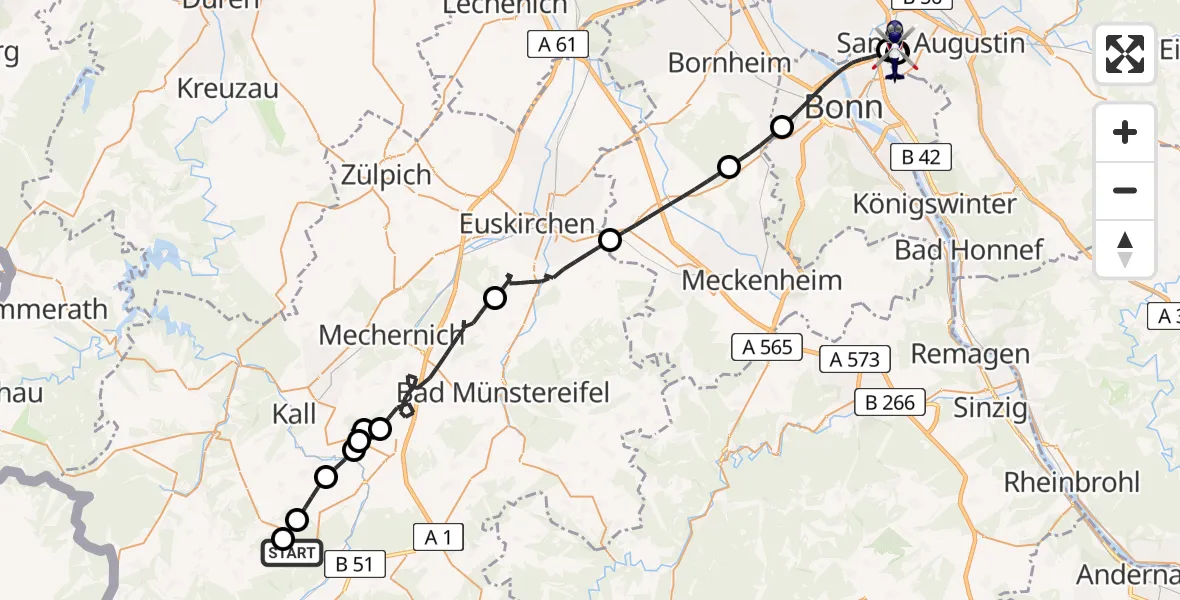 Flugroute Polizeihubschrauber Hellenthal - Sankt Augustin, 09 Juni 2026, 12:47