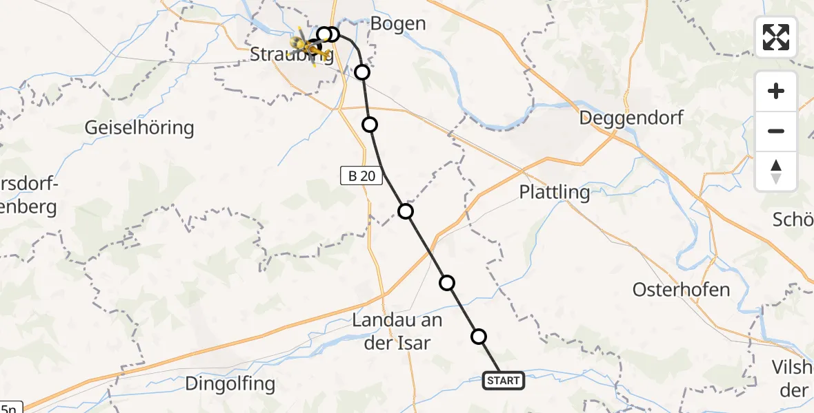Flugroute Rettungshubschrauber Eichendorf - Sankt Elisabeth Hospital Straubing, 09 Juni 2026, 12:53