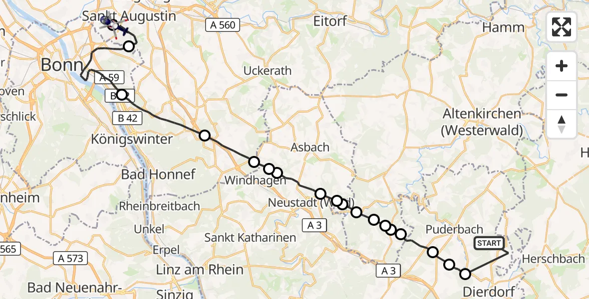 Flugroute Polizeihubschrauber Dierdorf - Sankt Augustin, 09 Juni 2026, 12:54