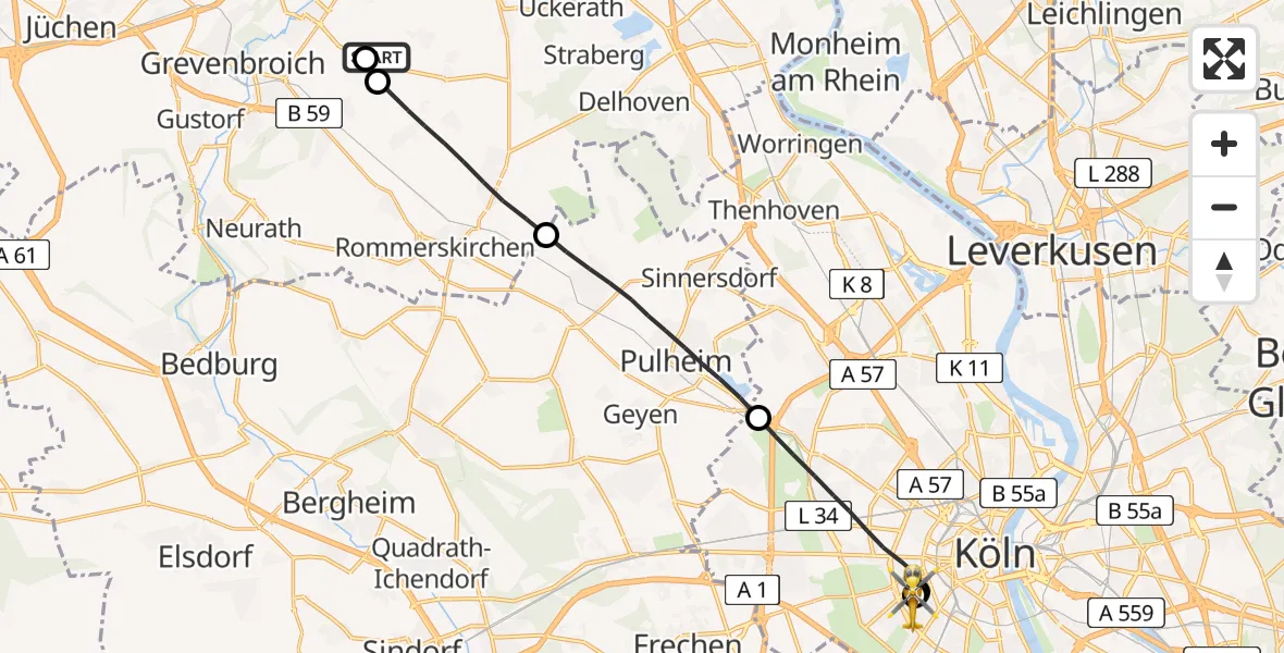 Flugroute Rettungshubschrauber Rommerskirchen - Köln University Hospital, 09 Juni 2026, 12:58