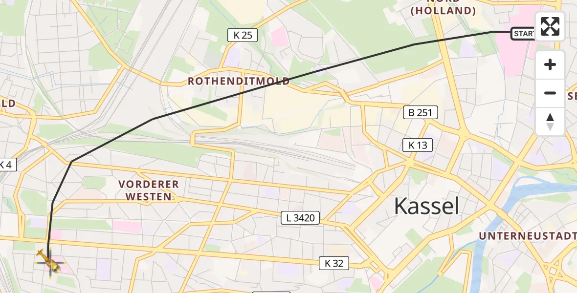 Flugroute Rettungshubschrauber Kassel - Kassel, 09 Juni 2026, 12:59