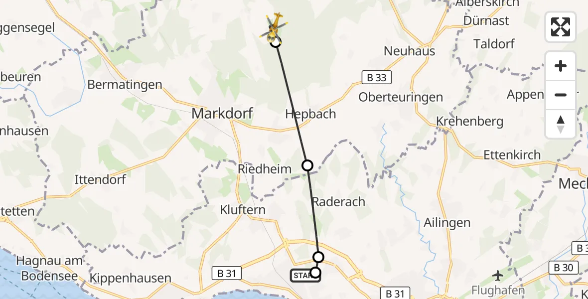 Flugroute Rettungshubschrauber Friedrichshafen Hospital - Deggenhausertal, 09 Juni 2026, 13:01