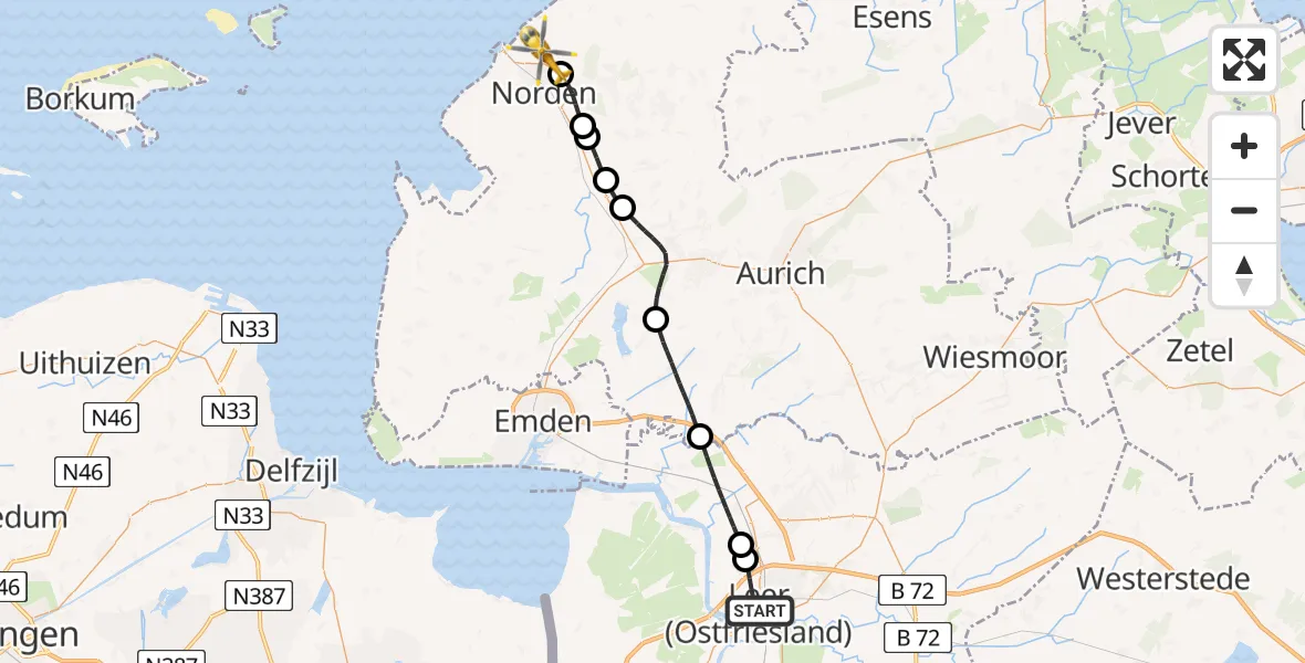Flugroute Ambulanzhubschrauber Leer (Ostfriesland) - Norden, 09 Juni 2026, 13:04