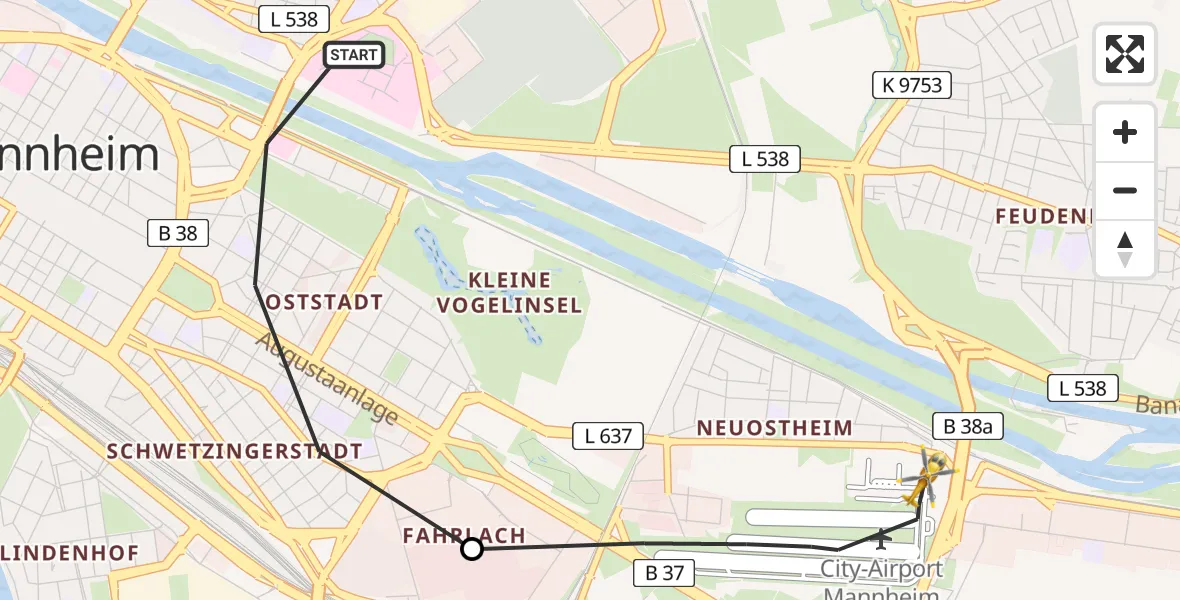 Flugroute Rettungshubschrauber Mannheim - Mannheim-City Flughafen, 09 Juni 2026, 13:08