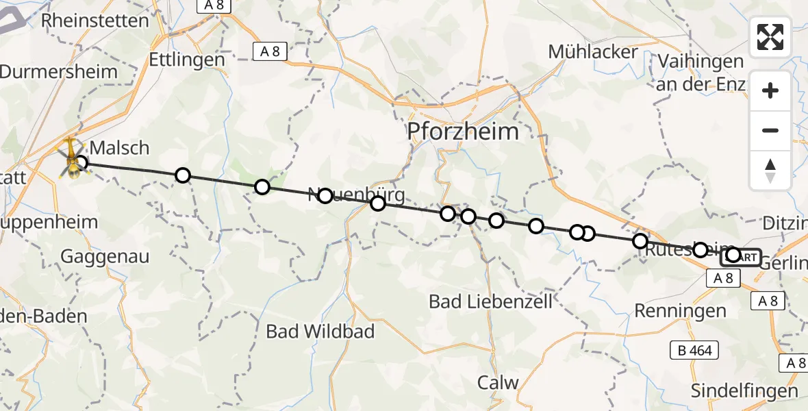 Flugroute Rettungshubschrauber Leonberg Hospital - Muggensturm, 09 Juni 2026, 13:17