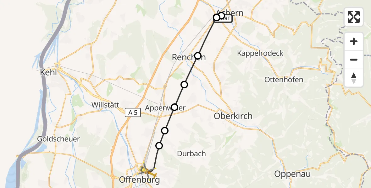 Flugroute Rettungshubschrauber Ortenau Hospital Achern - Offenburg, 09 Juni 2026, 13:19