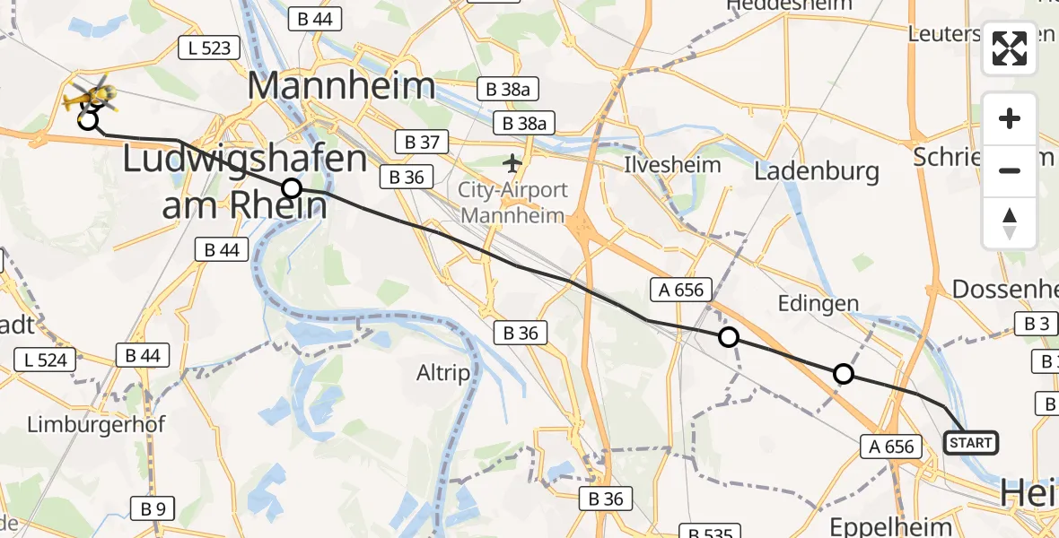 Flugroute Rettungshubschrauber Heidelberg - Ludwigshafen Accident Hospital, 09 Juni 2026, 13:21