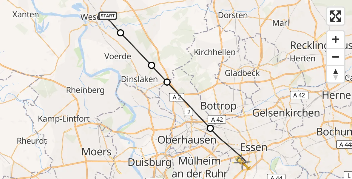 Flugroute Ambulanzhubschrauber Wesel - Essen, 09 Juni 2026, 13:39