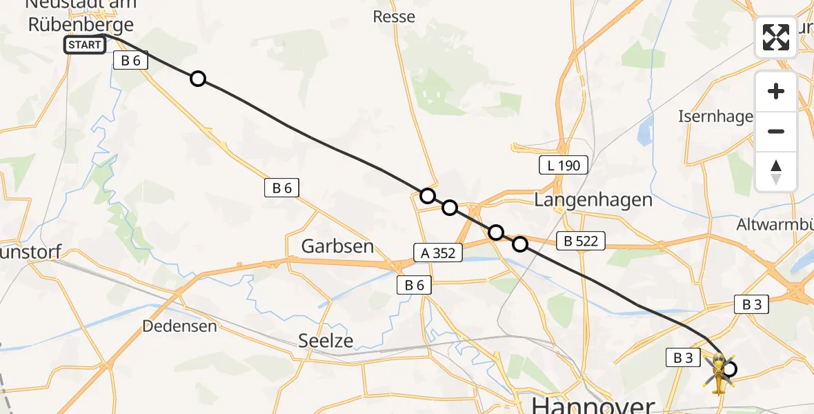 Flugroute Rettungshubschrauber Neustadt am Rübenberge - Hannover Luftrettung Hubschrauberlandeplatz (Christoph 4), 09 Juni 2026, 13:39