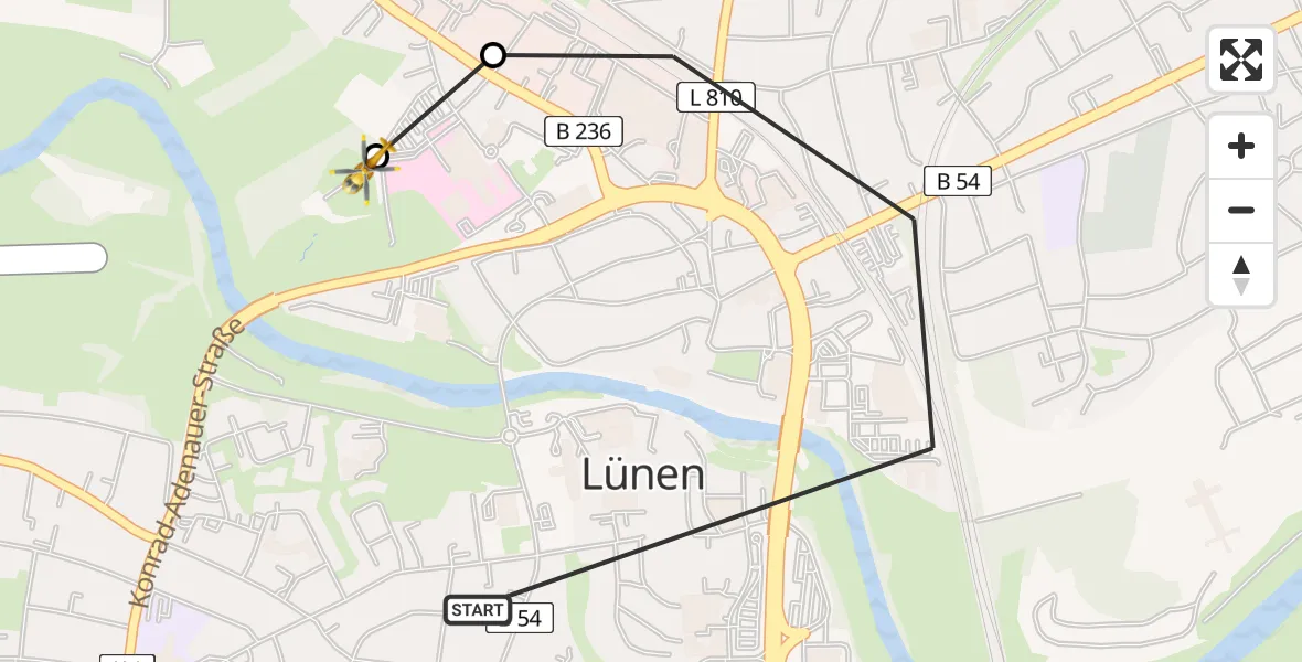 Flugroute Rettungshubschrauber Lünen - Sankt Marien Hospital, 09 Juni 2026, 13:42
