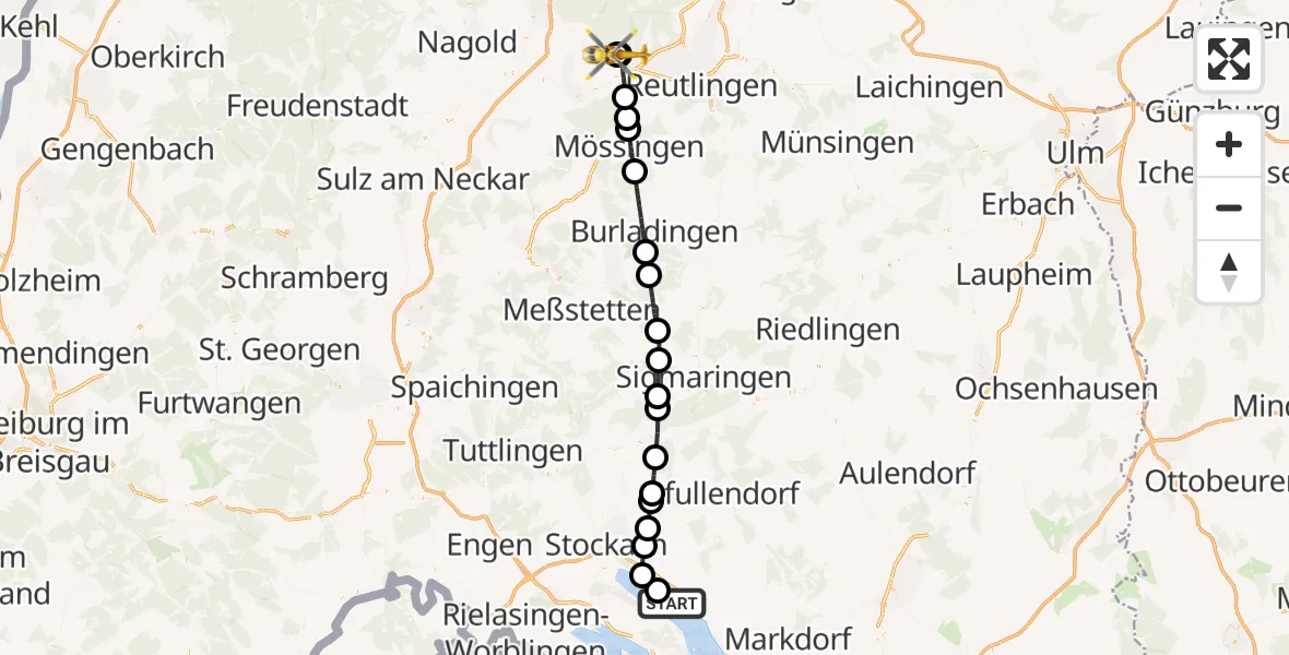 Flugroute Ambulanzhubschrauber Überlingen - Tübingen Trauma Hospital, 09 Juni 2026, 13:42