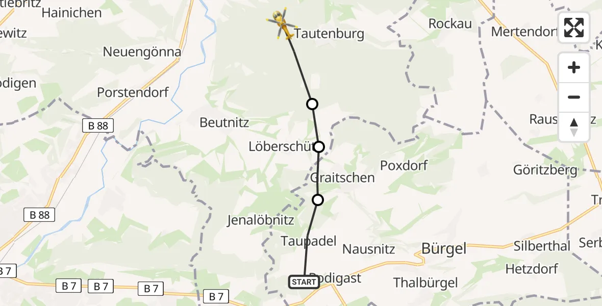 Flugroute Rettungshubschrauber Bürgel - Tautenburg, 09 Juni 2026, 13:42