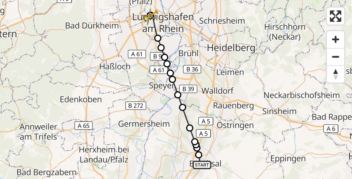 Flugroute Ambulanzhubschrauber Bruchsal - Ludwigshafen Accident Hospital, 09 Juni 2026, 13:49