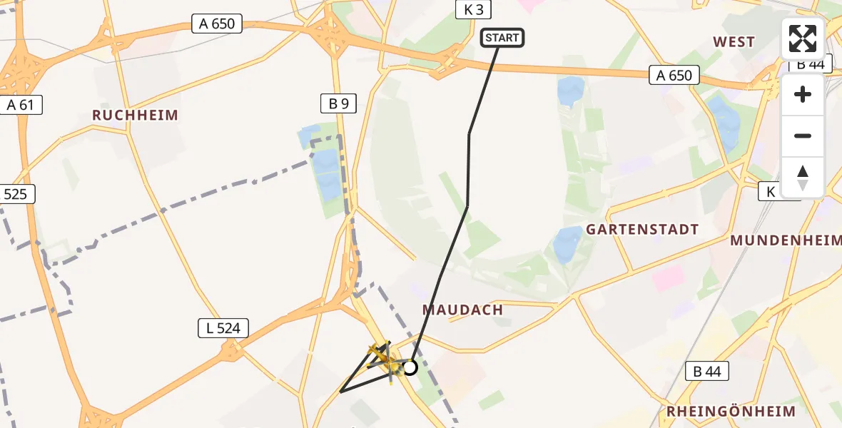 Flugroute Rettungshubschrauber Ludwigshafen am Rhein - Mutterstadt, 09 Juni 2026, 13:52
