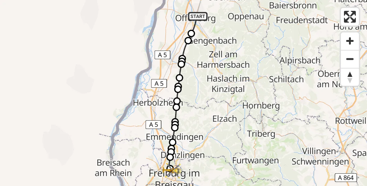 Flugroute Rettungshubschrauber Offenburg - Freiburg im Breisgau Flugplatz, 09 Juni 2026, 13:53