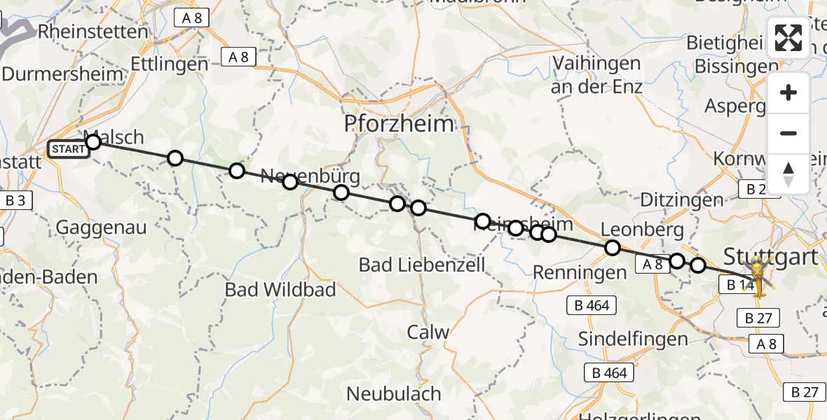 Flugroute Rettungshubschrauber Muggensturm - Stuttgart, 09 Juni 2026, 13:57