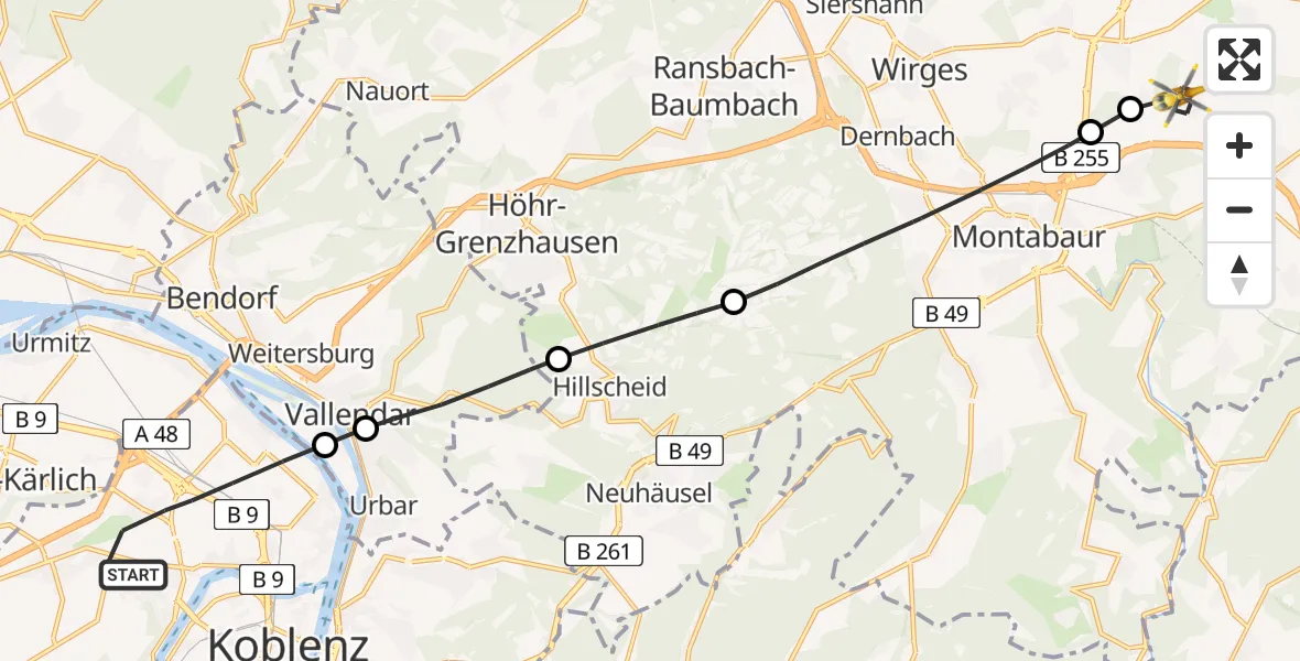 Flugroute Rettungshubschrauber Koblenz - Ruppach-Goldhausen, 09 Juni 2026, 13:58