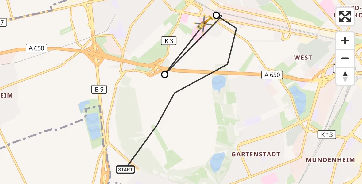 Flugroute Rettungshubschrauber Ludwigshafen am Rhein - Ludwigshafen Accident Hospital, 09 Juni 2026, 14:21