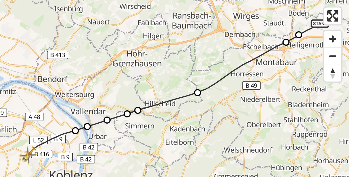 Flugroute Rettungshubschrauber Ruppach-Goldhausen - Koblenz, 09 Juni 2026, 14:23