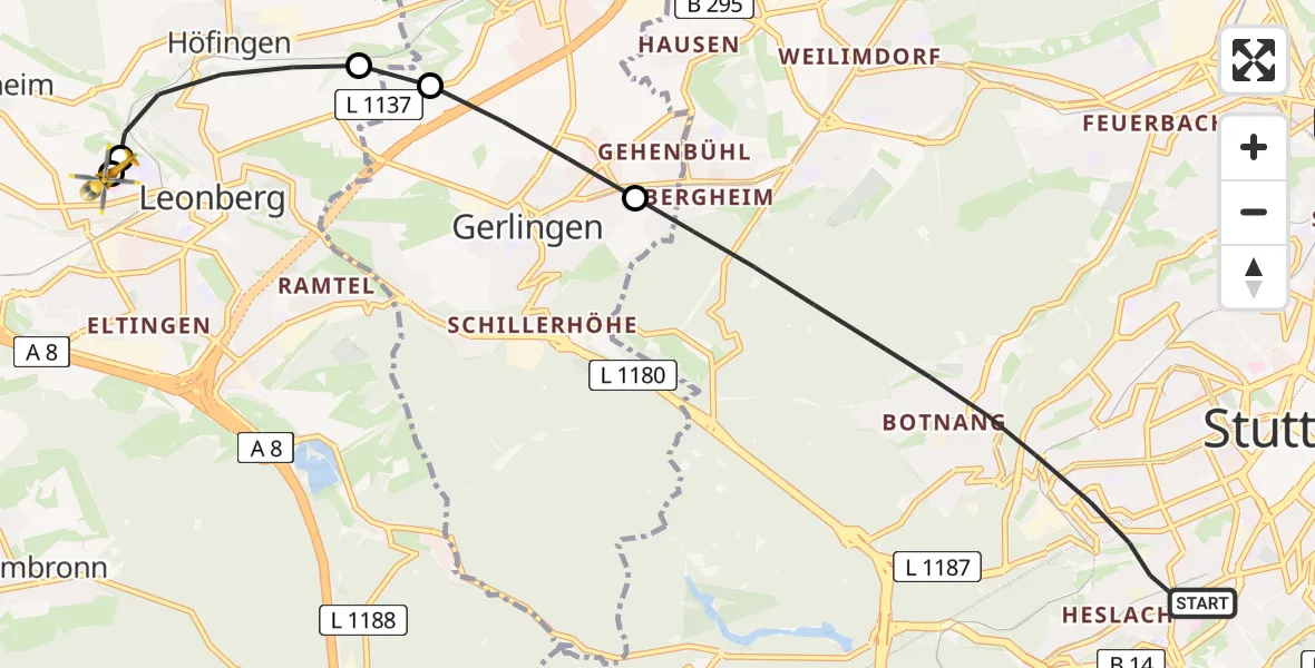 Flugroute Rettungshubschrauber Stuttgart - Leonberg Hospital, 09 Juni 2026, 14:27