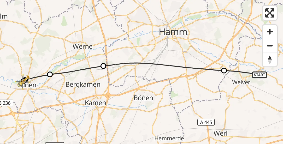 Flugroute Rettungshubschrauber Welver - Sankt Marien Hospital, 09 Juni 2026, 14:34