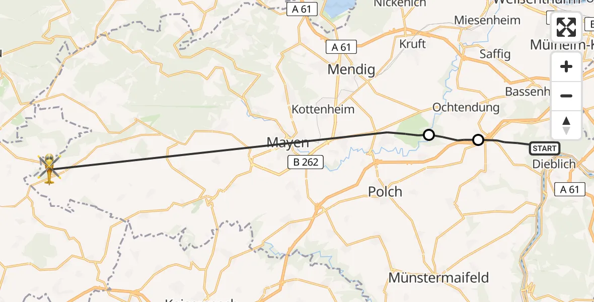 Flugroute Ambulanzhubschrauber Kobern-Gondorf - Boos, 09 Juni 2026, 14:34