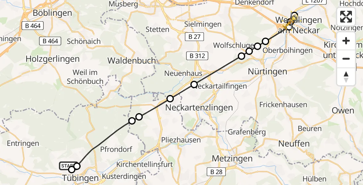 Flugroute Ambulanzhubschrauber Tübingen Trauma Hospital - Wendlingen am Neckar, 09 Juni 2026, 14:50