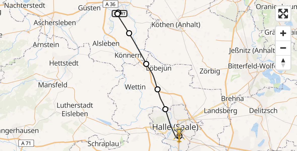 Flugroute Rettungshubschrauber AMEOS Hospital Bernburg - BG Hospital Bergmannstrost Halle, 09 Juni 2026, 14:52