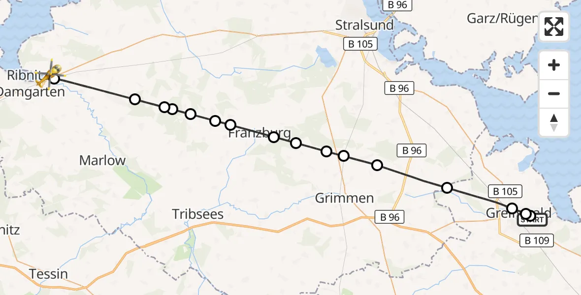 Flugroute Rettungshubschrauber Greifswald Hospital - Ribnitz-Damgarten, 09 Juni 2026, 14:54