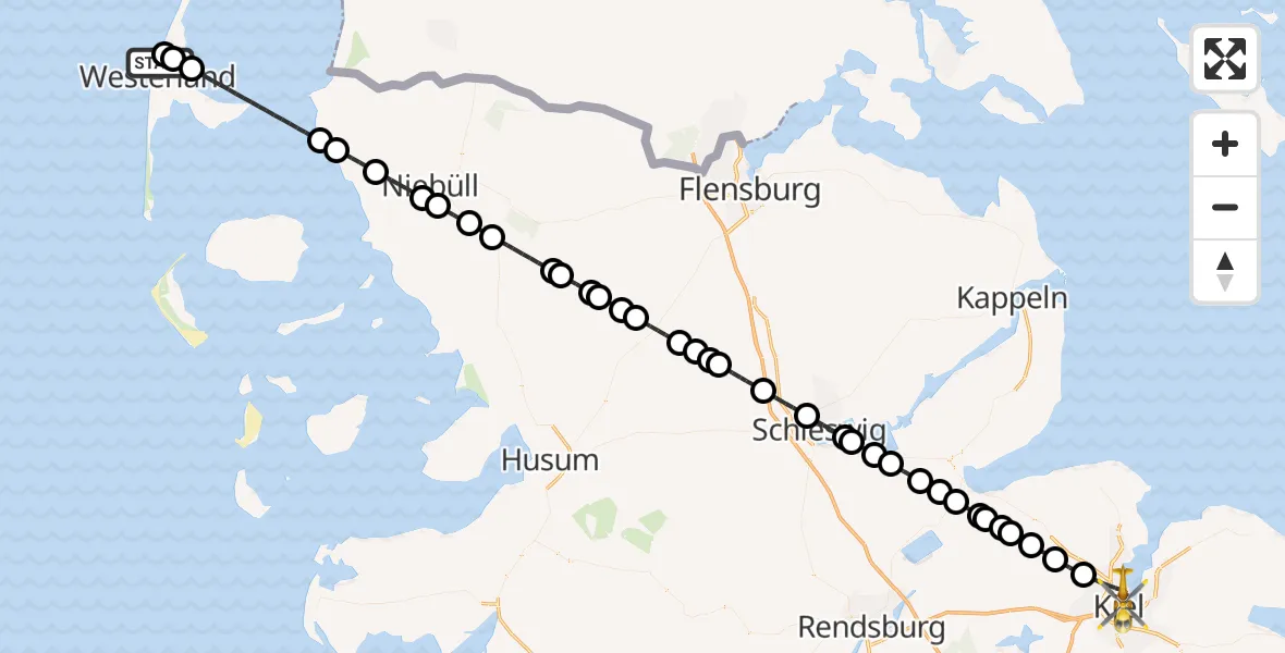 Flugroute Rettungshubschrauber Sylt - Kiel, 09 Juni 2026, 14:59