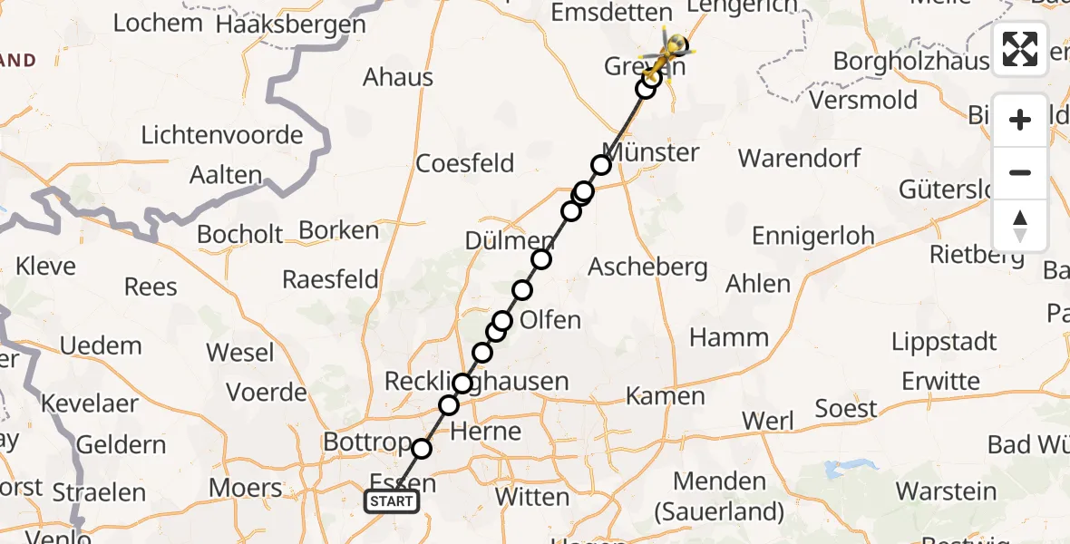 Flugroute Ambulanzhubschrauber Essen - Greven, 09 Juni 2026, 15:02