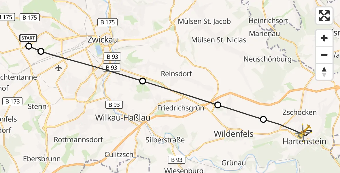 Flugroute Rettungshubschrauber ADAC Air Rescue Station Zwickau Hubschrauberlandeplatz - Hartenstein, 09 Juni 2026, 15:04