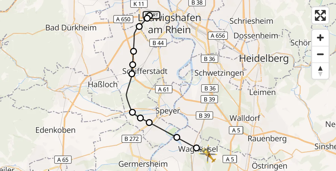 Flugroute Ambulanzhubschrauber Ludwigshafen Accident Hospital - Waghäusel, 09 Juni 2026, 15:05