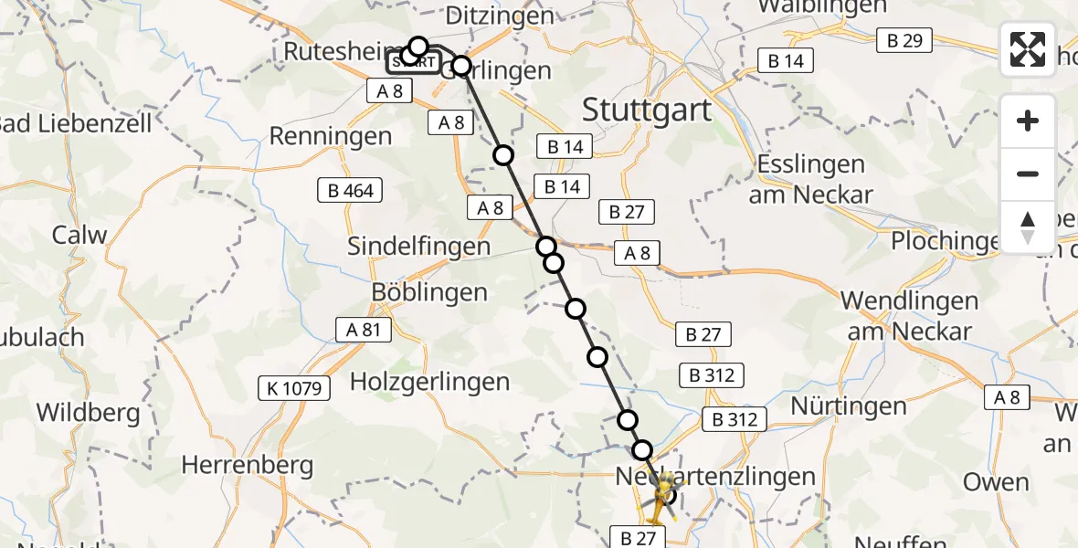 Flugroute Rettungshubschrauber Leonberg Hospital - Pliezhausen, 09 Juni 2026, 15:18