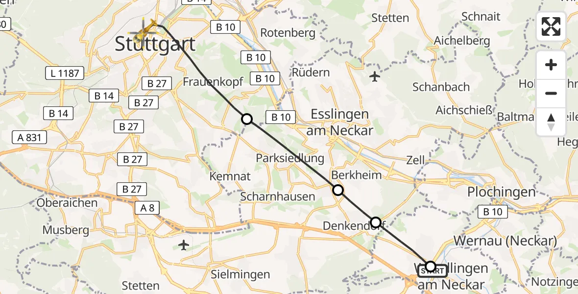 Flugroute Ambulanzhubschrauber Wendlingen am Neckar - Stuttgart, 09 Juni 2026, 15:26