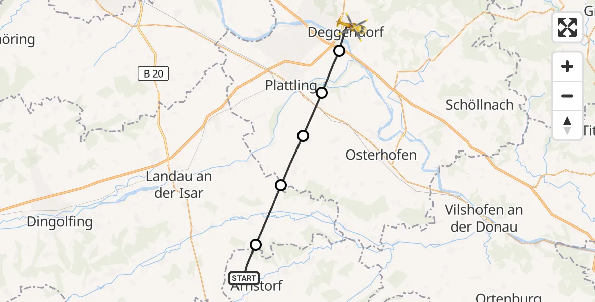 Flugroute Rettungshubschrauber Arnstorf - Deggendorf, 09 Juni 2026, 15:35