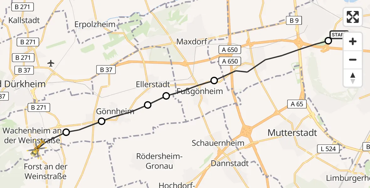 Flugroute Rettungshubschrauber Ludwigshafen Accident Hospital - Wachenheim an der Weinstraße, 09 Juni 2026, 15:39
