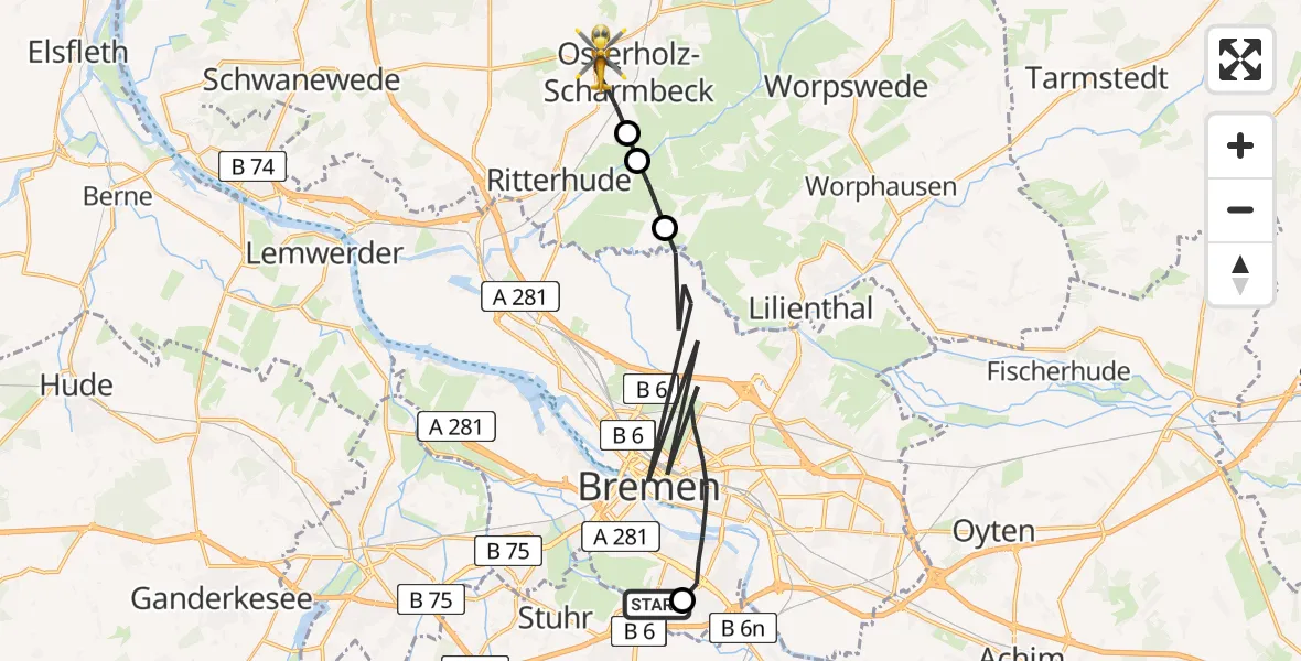 Flugroute Rettungshubschrauber ADAC Air Rescue Station Bremen Hubschrauberlandeplatz (Christoph 6) - Osterholz-Scharmbeck, 09 Juni 2026, 15:41