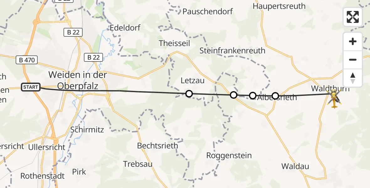 Flugroute Rettungshubschrauber Weiden i.d.OPf. - Waldthurn, 09 Juni 2026, 15:44