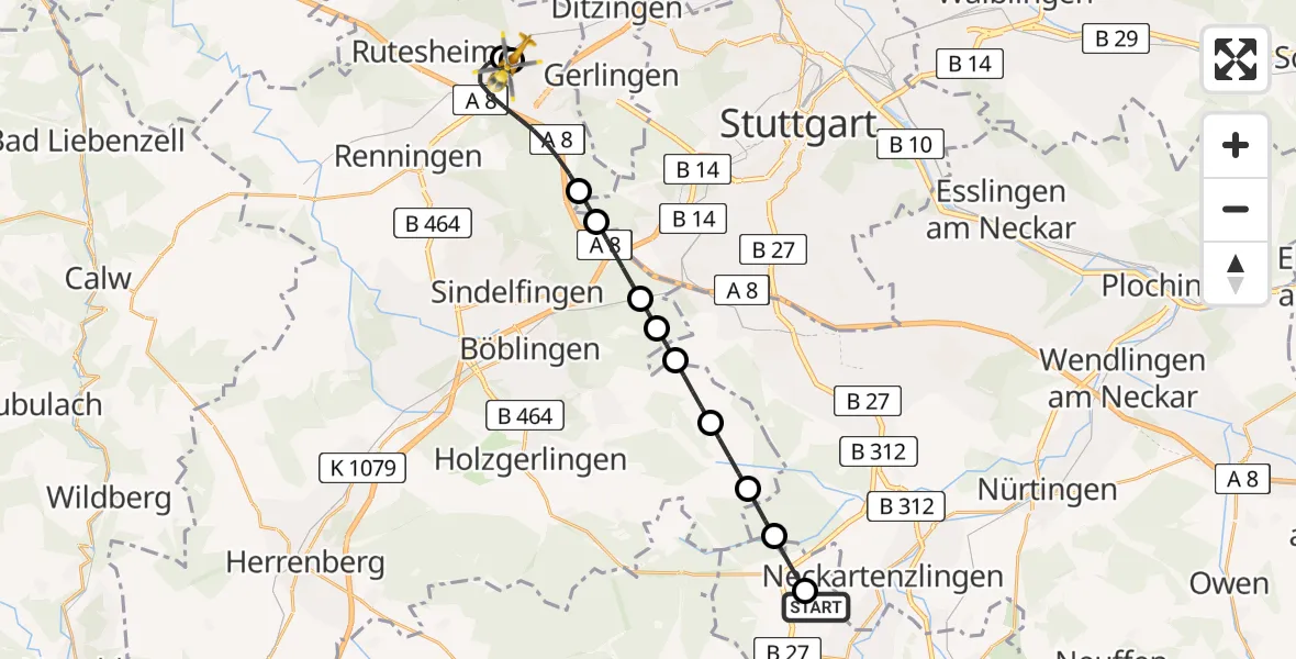 Flugroute Rettungshubschrauber Pliezhausen - Leonberg Hospital, 09 Juni 2026, 15:45