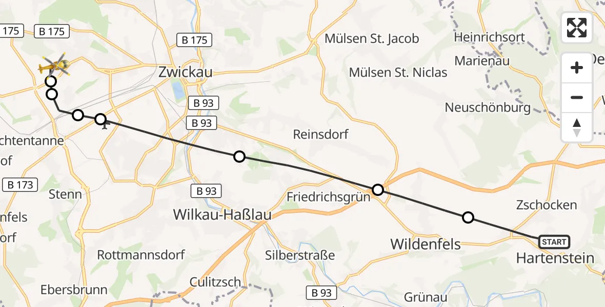 Flugroute Rettungshubschrauber Hartenstein - ADAC Air Rescue Station Zwickau Hubschrauberlandeplatz, 09 Juni 2026, 15:46