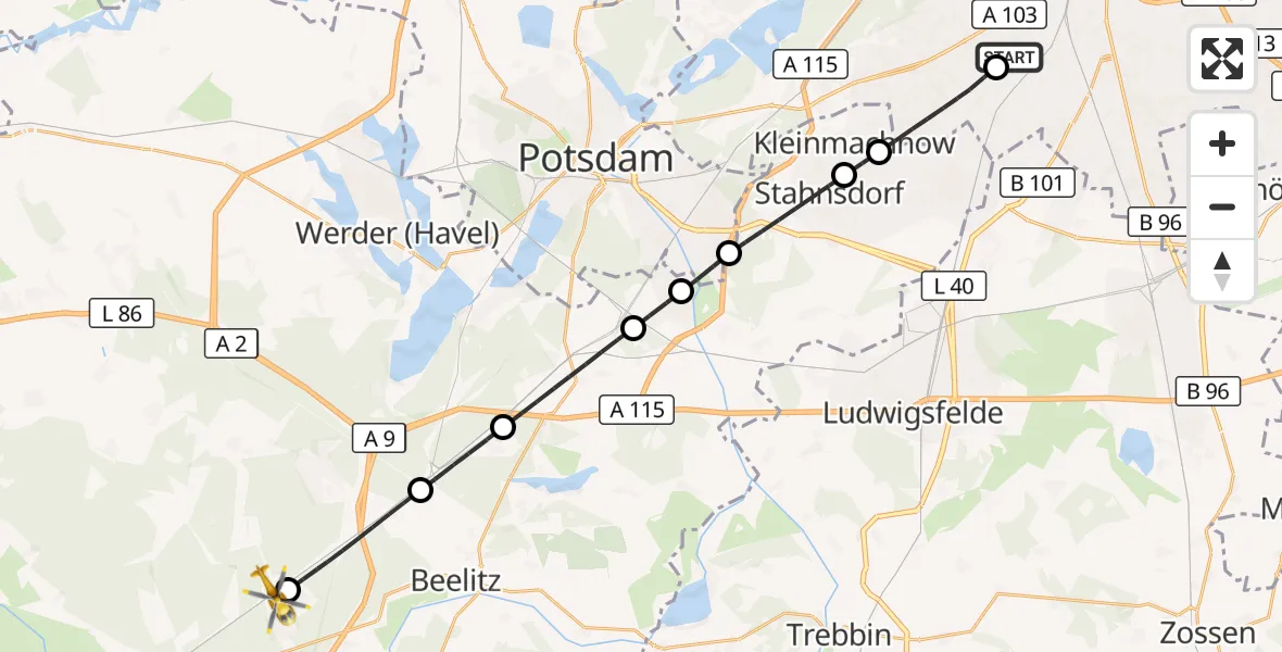 Flugroute Rettungshubschrauber Charité Clinic Benjamin Franklin Campus - Borkheide, 09 Juni 2026, 16:01