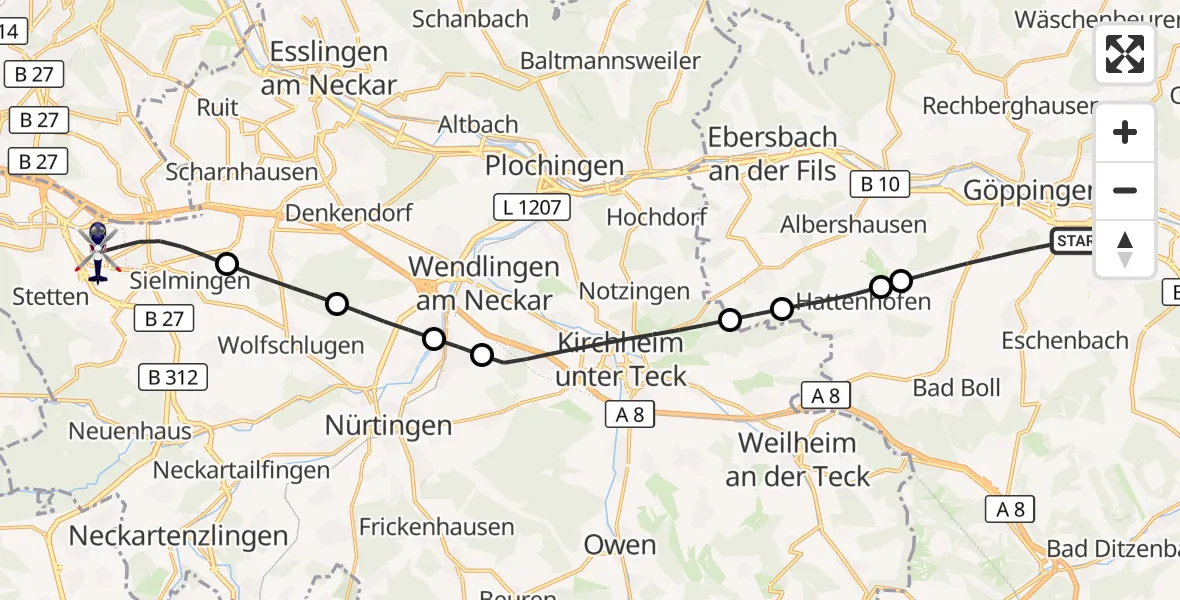 Flugroute Polizeihubschrauber Göppingen - Flughafen Stuttgart, 09 Juni 2026, 16:05