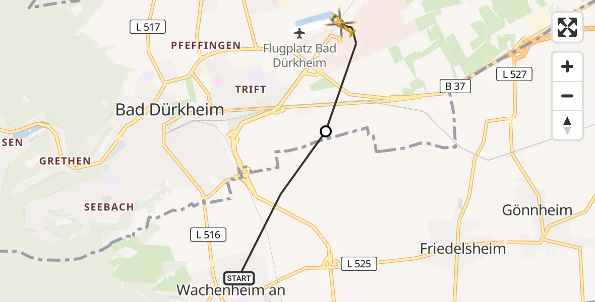 Flugroute Rettungshubschrauber Wachenheim an der Weinstraße - Bad Dürkheim Flugplatz, 09 Juni 2026, 16:20