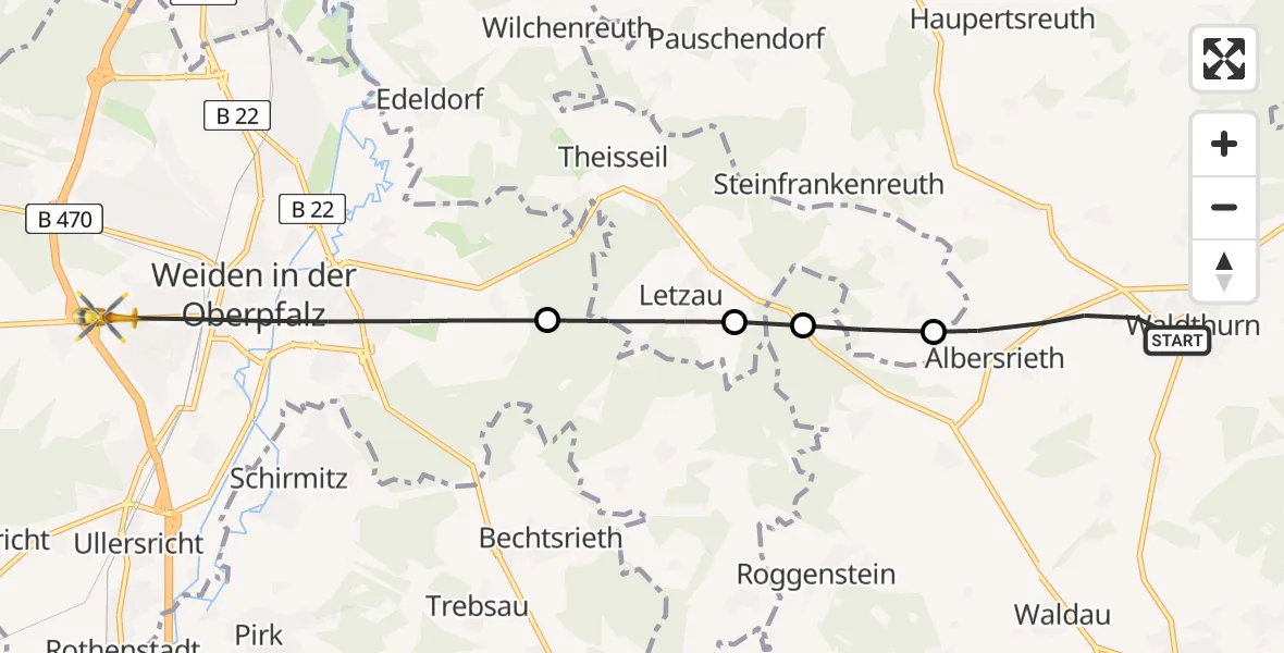 Flugroute Rettungshubschrauber Waldthurn - Weiden i.d.OPf., 09 Juni 2026, 16:20