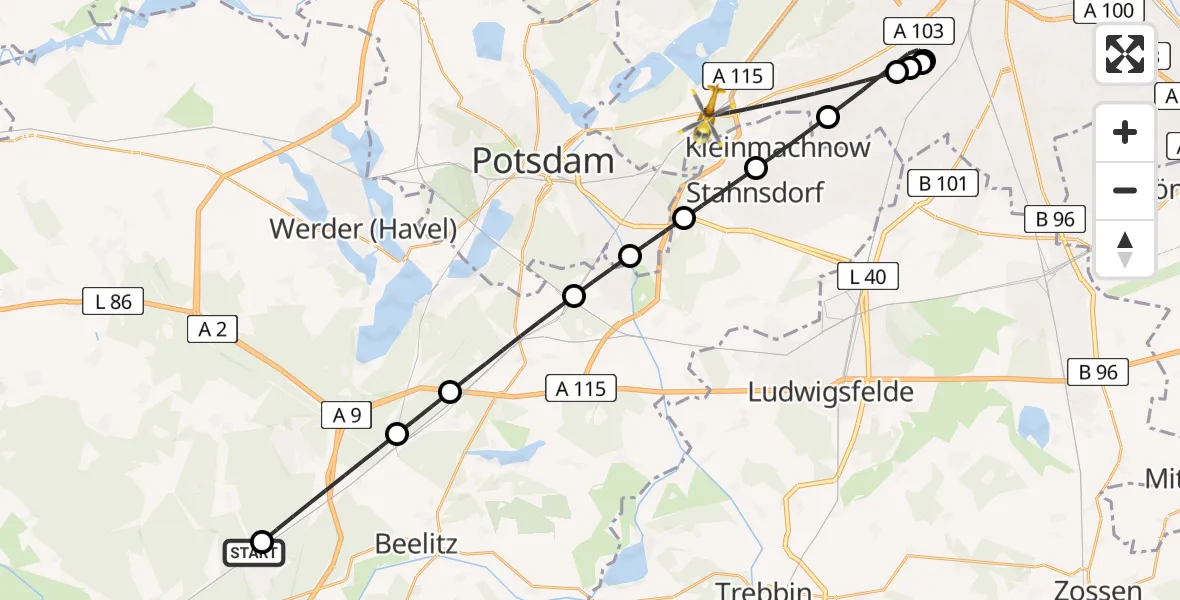 Flugroute Rettungshubschrauber Borkheide - Berlin, 09 Juni 2026, 16:23