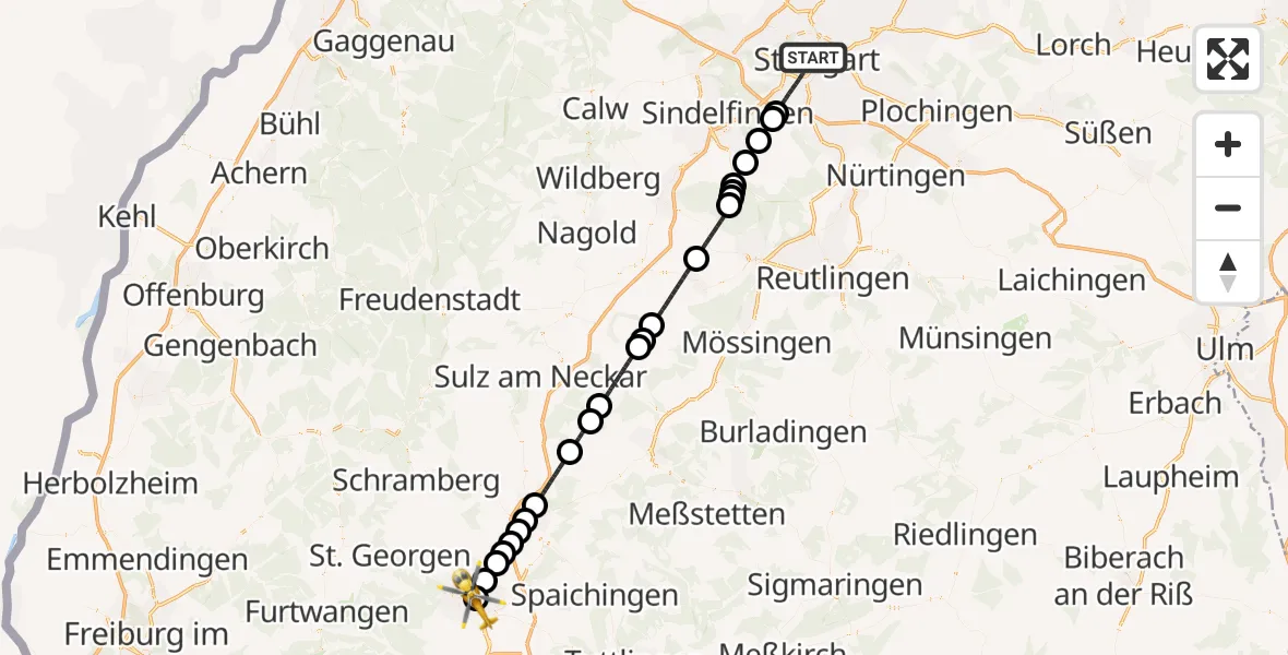 Flugroute Ambulanzhubschrauber Stuttgart - DRF Air Rescue Station Villingen-Schwenningen Hubschrauberlandeplatz (Christoph 11), 09 Juni 2026, 16:24